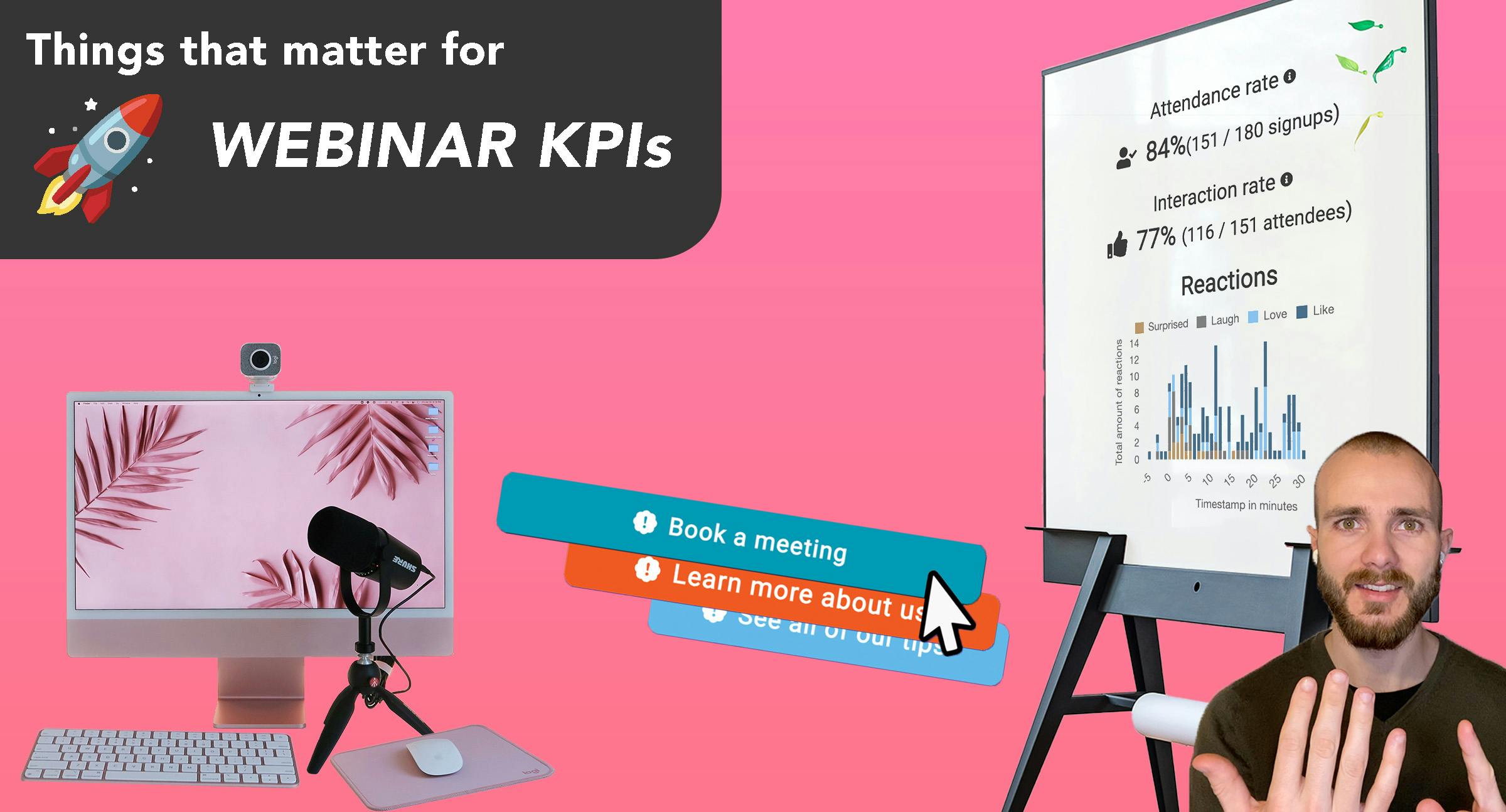 Things that matter for webinar KPIs: easy to present with the webinar software given your setup, facilitate the audience to take the next step, easy to work with data