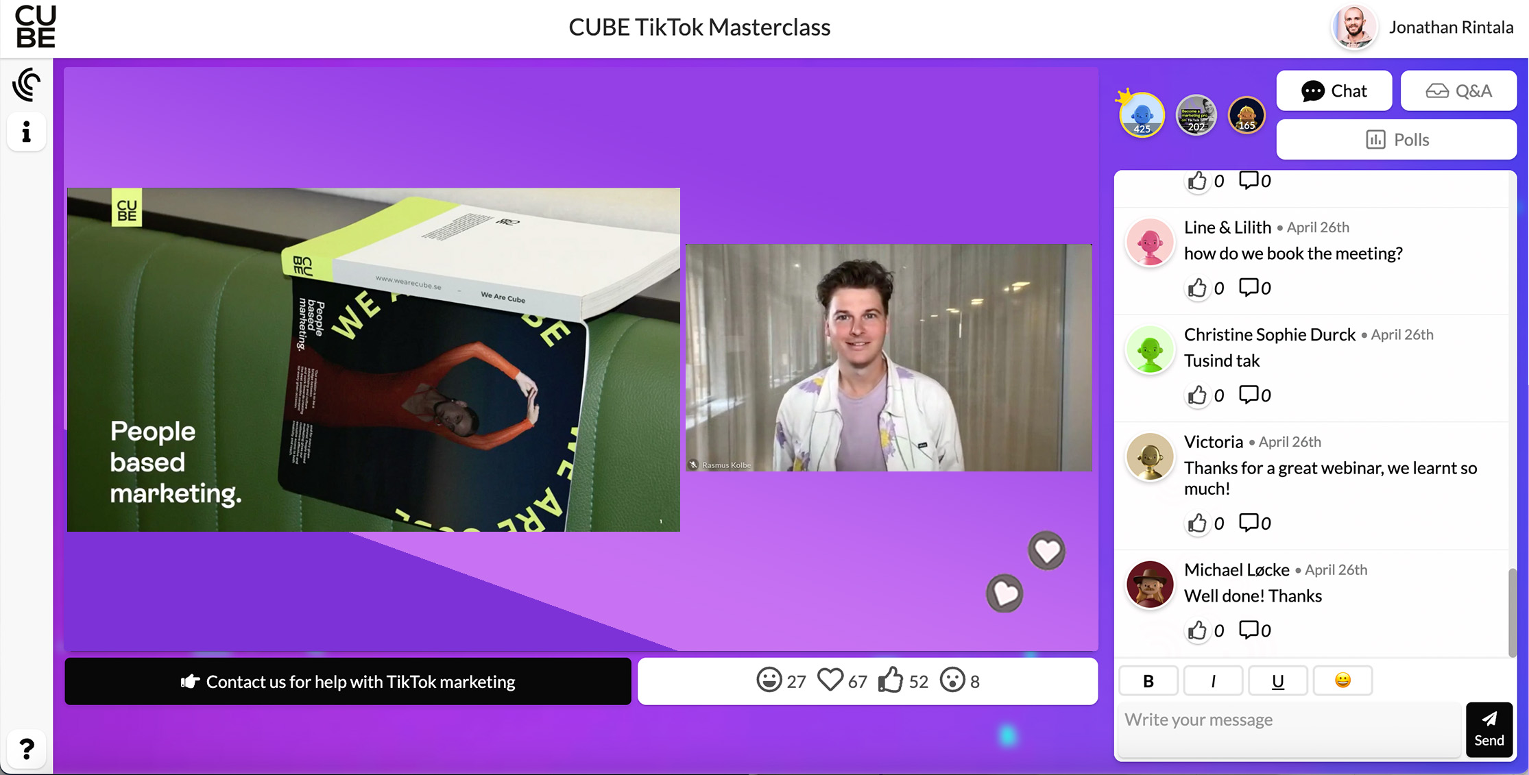 TikTok + webinars = true? 🤯 Yes, it works! Cube invited to a webinar called TikTok for Business – Book our Masterclass. As experts on TikTok, Cube wanted a lot of interaction. The webinar had a crazy conversion rate using the CTA button – 30% of the attendees decided to book a meeting with Cube to learn more. This goes to show the power of combining long and short format (with a platform like Univid).