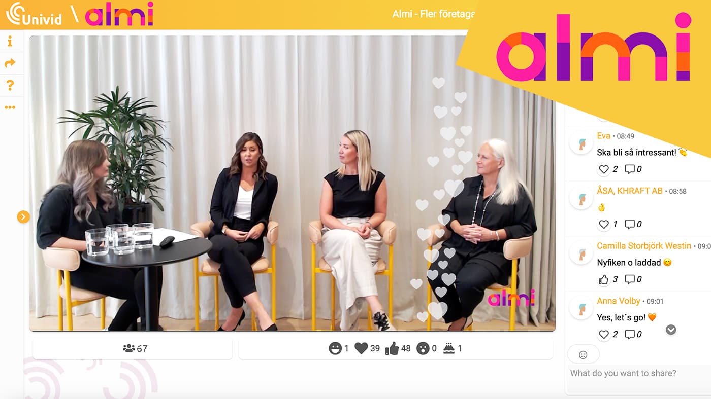 Almi Stockholm Sörmland håller ett digitalt coffeetalk på webinarformat för att diskutera kvinnors förutsättningar som företagare. I en grafiskt trevlig miljö kunde webinaret ta plats i en Univid session, där deltagare kunde chatta, reagera, svara på polls, ställa frågor till panelen och peppa varandra! Coffeetalk-panelen bestod bland annat av Almis VD Sara Brandt, Lina Skandevall - expert på kvinnors företagande och Natalie Kjellander VD på Let's Paint.