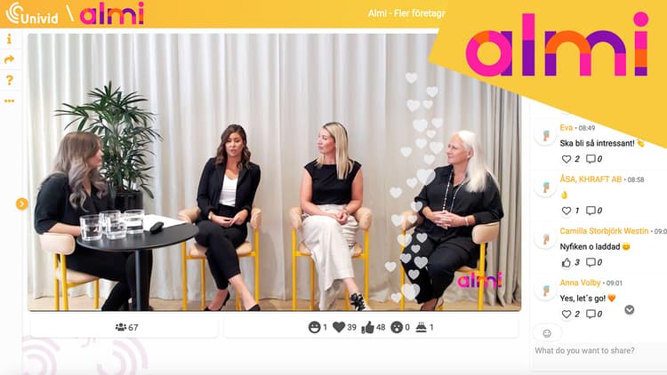 Almi Stockholm Sörmland hosts a digital coffee talk in webinar format to discuss women entrepreneurship. In a graphically pleasant environment, the webinar could take place in a Univid session, where participants could chat, react, answer polls, ask questions to the panel and inspire each other! The Coffee talk panel consisted of Almi's CEO Sara Brandt, Lina Skandevall - expert on women's entrepreneurship and Natalie Kjellander, CEO of Let's Paint.