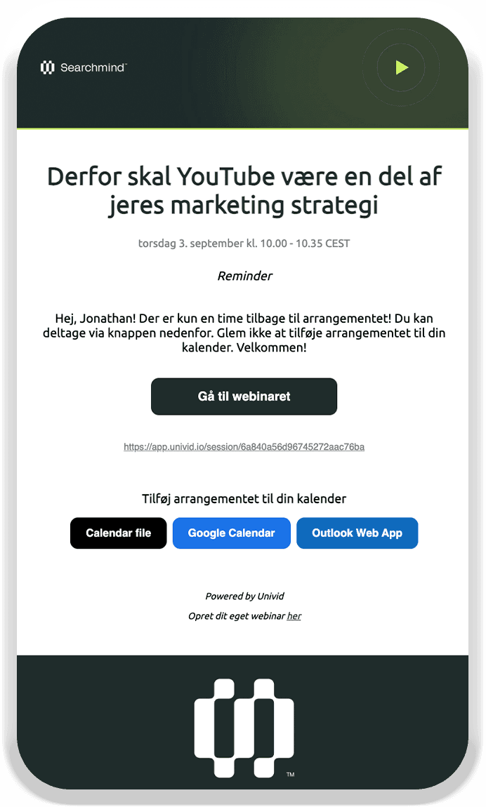 Påminnelseemail för webbinarium på danska - Univids webinarplattform