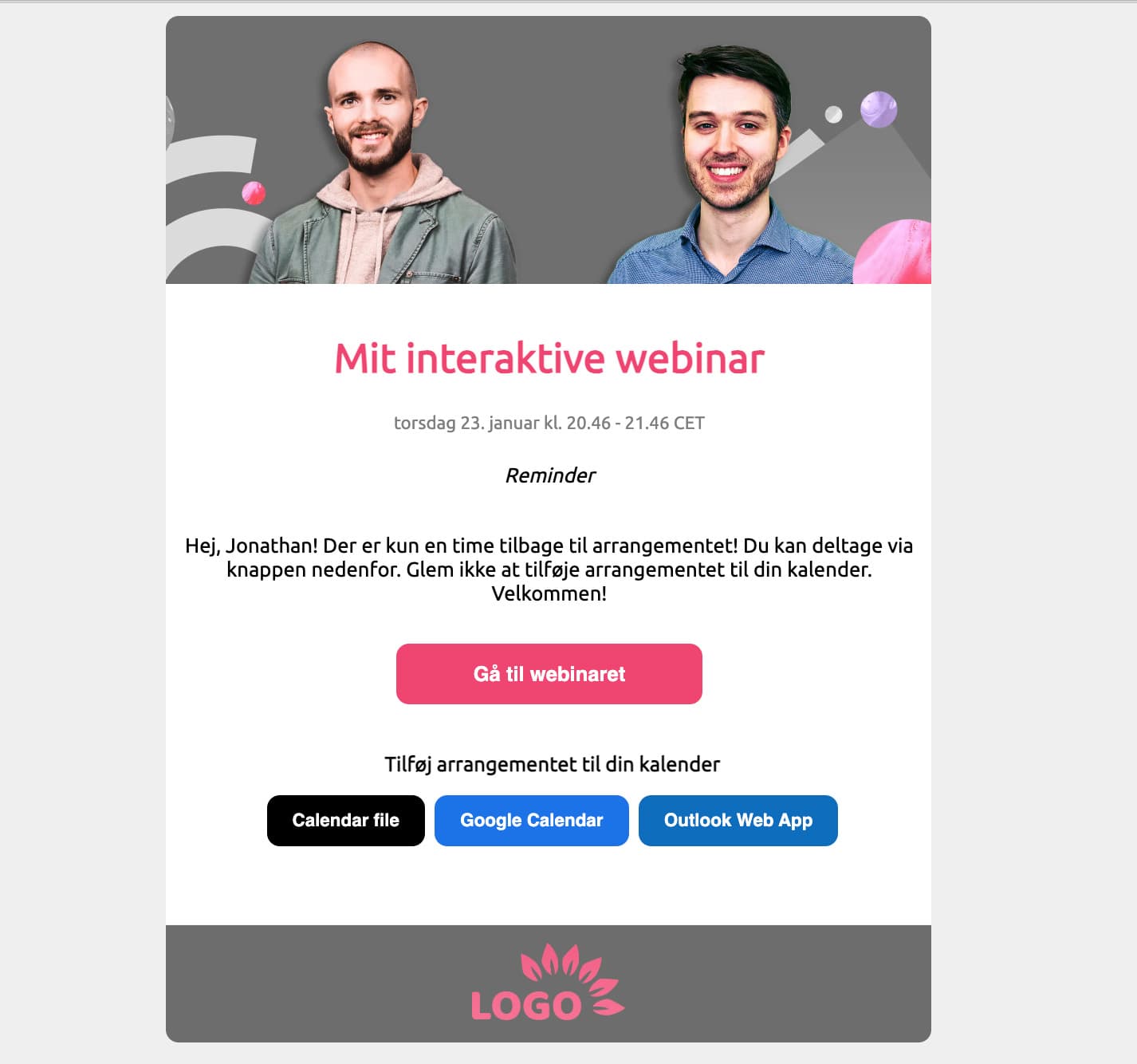 Webinar reminder email in Danish - Univid webinar software