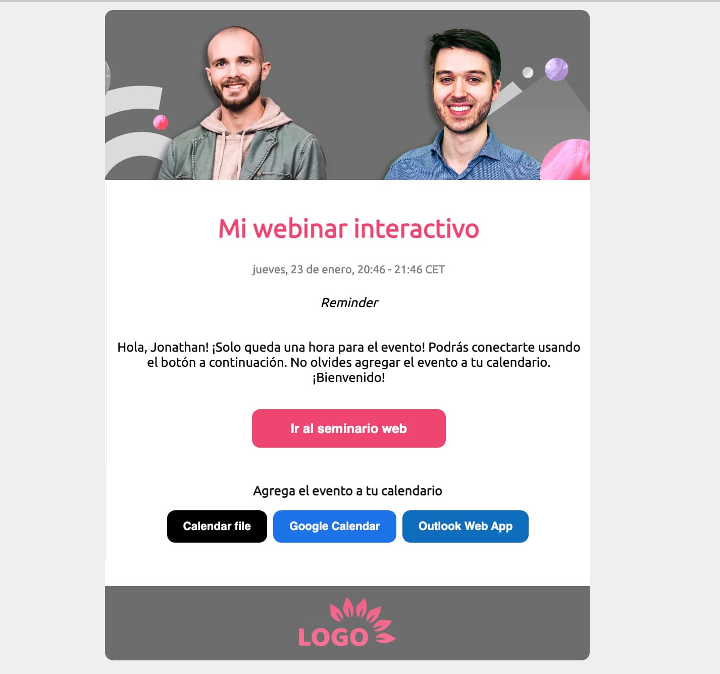 Påminnelseemail för webbinarium på spanska - Univids webinarplattform