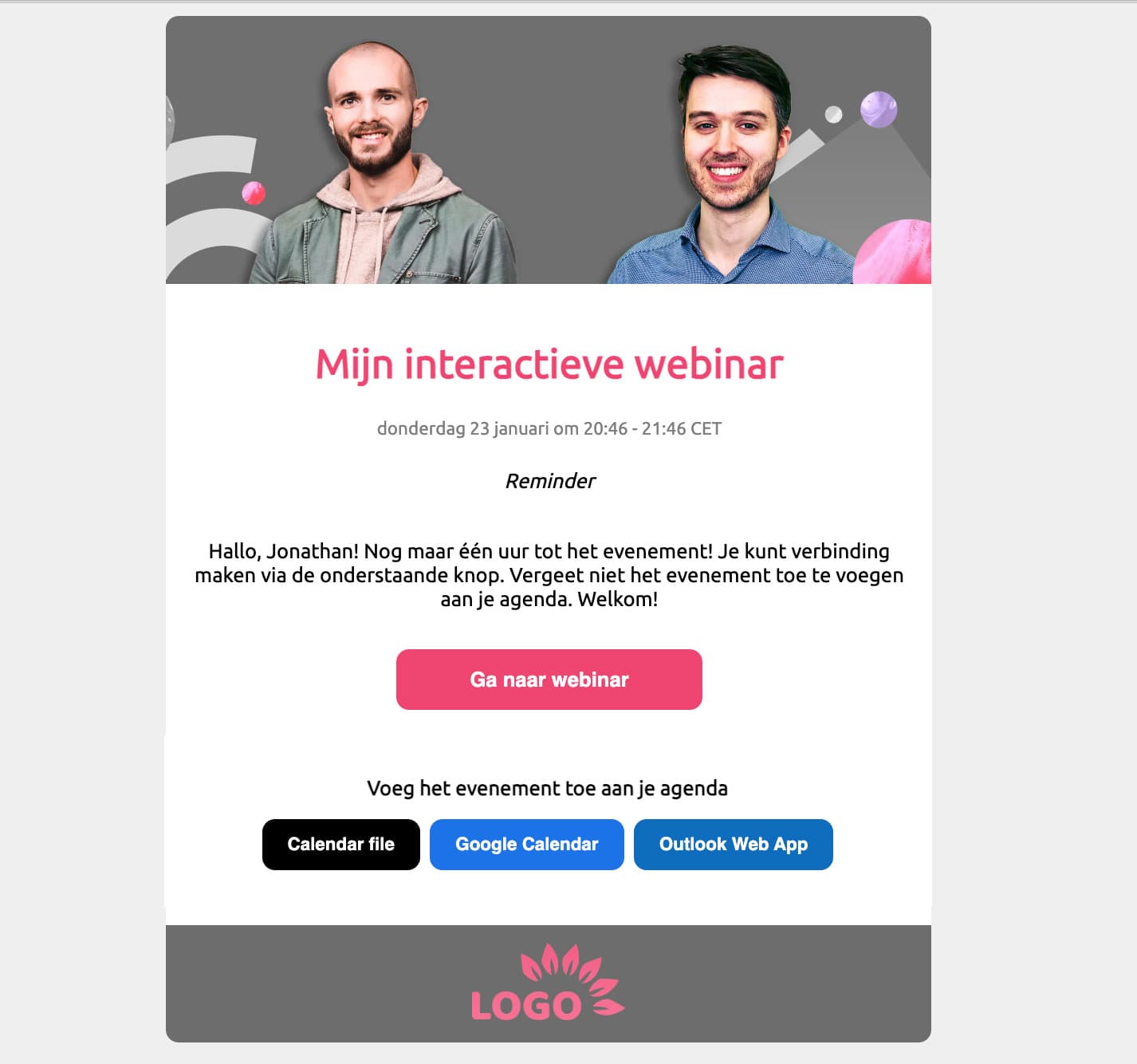Påminnelseemail för webbinarium på holländska - Univids webinarplattform