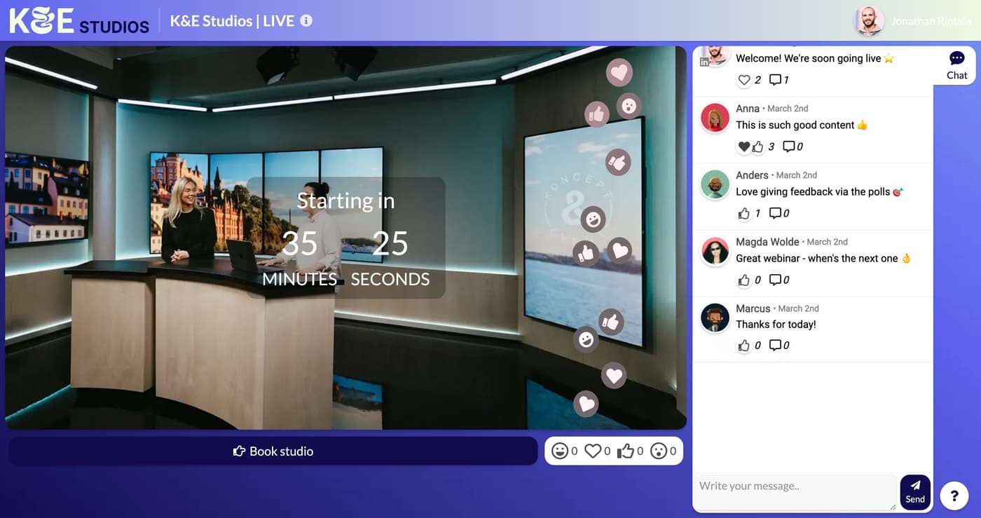 K&E Studios hjälper dig att skapa event som engagerar - både live och digitalt. Allt ifrån sändningar i deras in-house studio till poddar, filminspelningar och livesända konferenser ute på extern location.