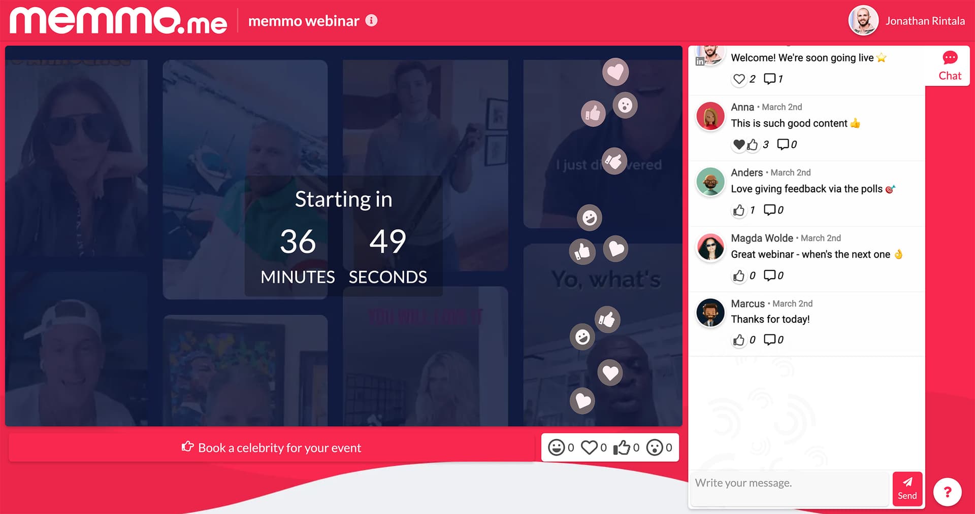 Memmo allows you to get personalised videos from your favourite profiles to spice up your events, webinars, and communication. Choose between superstars and local celebrities to help deliver your message or draw an audience.