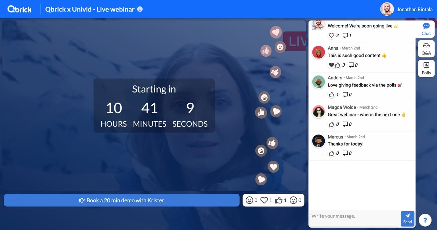 Qbrick is a leading platform for interactive video and video management. Seamlessly connect Qbrick's video platform with Univid's webinar platform. A Nordic platform for all things video.