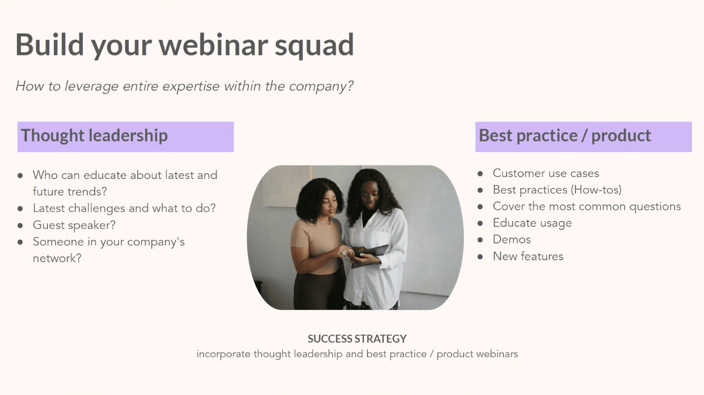 webinar strategy - build your webinar squad Webbinarie-strategi för RevOps, den här bilden visar vilka webbinarformat som kan användas. Notera hur dessa frågor kan besvaras fullständigt när försäljning, customer success och marknadsföring ingår i webbinariets strategi.