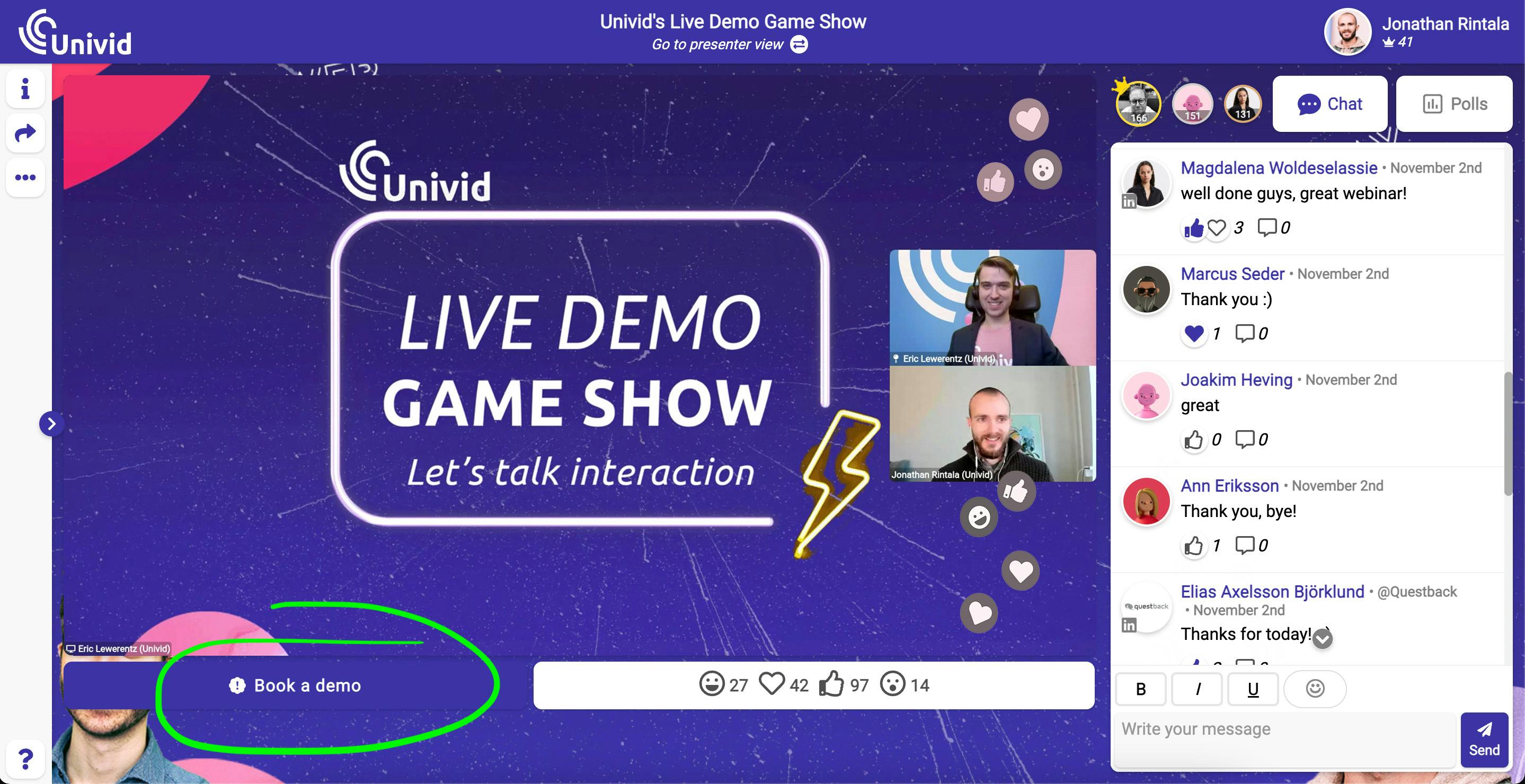 Live call-to-action button in a Univid webinar