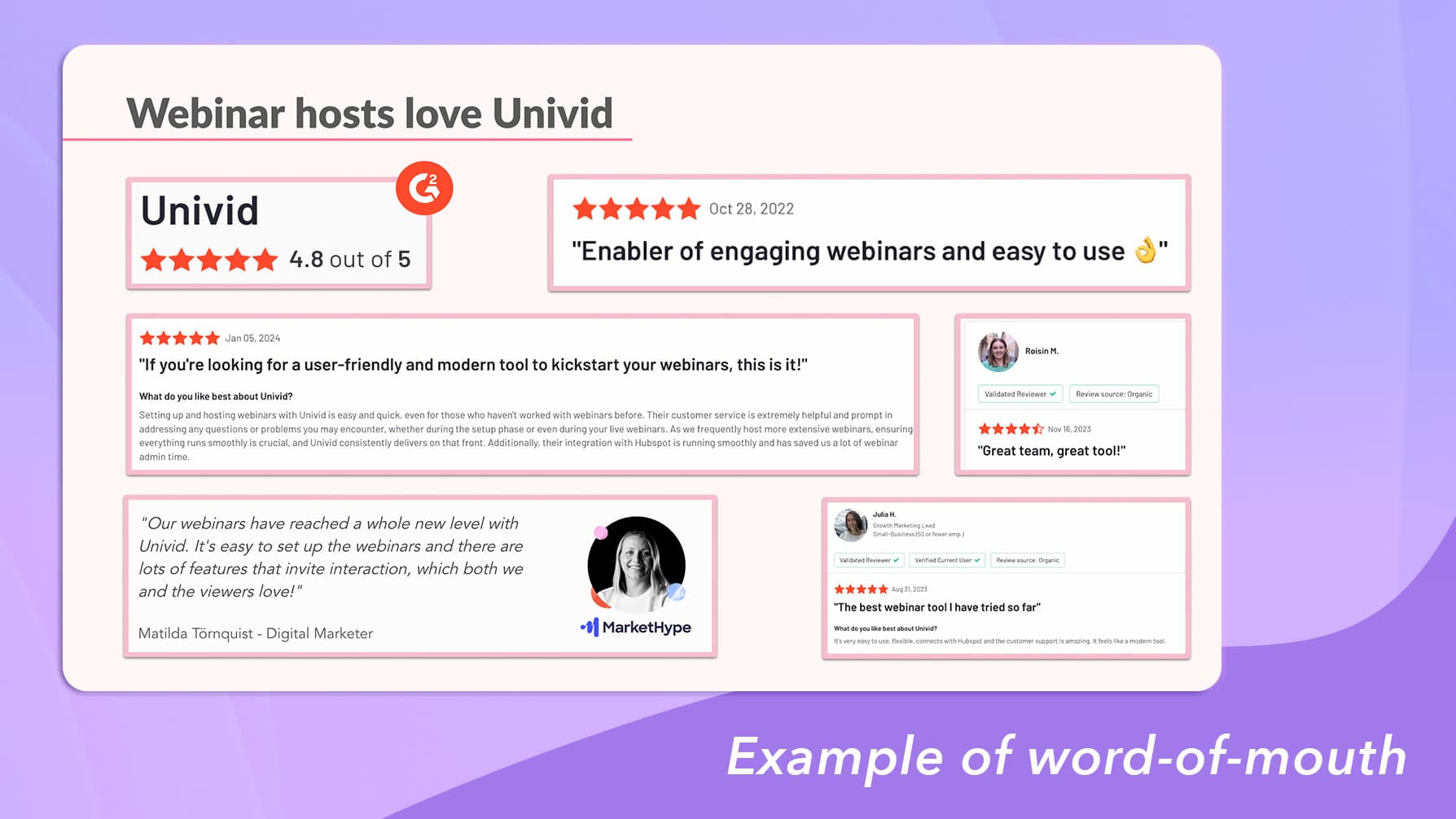 Example of word of mouth for webinar software - G2 reviews, etc. Example of word of mouth for webinar software - G2 reviews, etc.