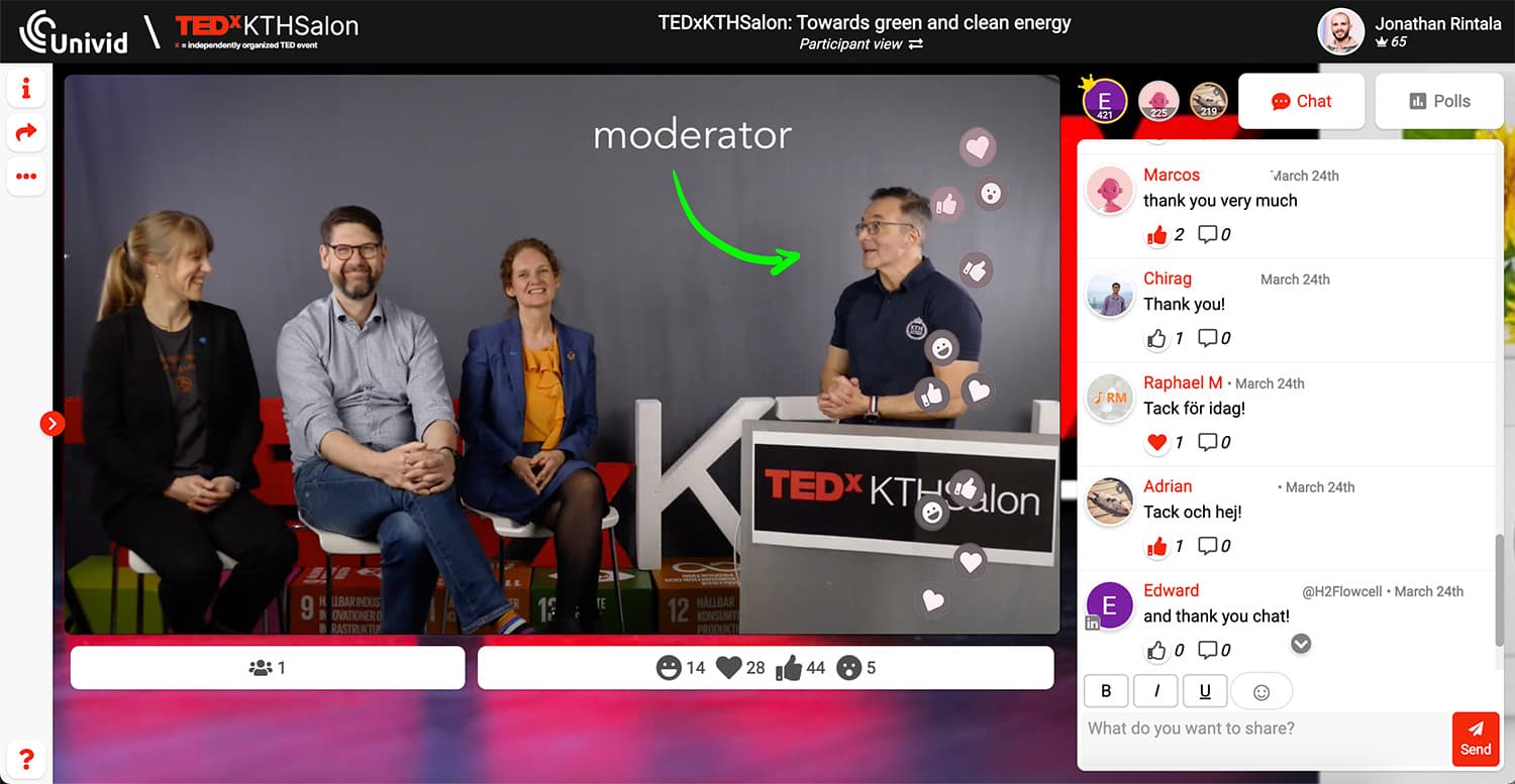 TEDxKTH - Live webinar with moderator in action on Univid