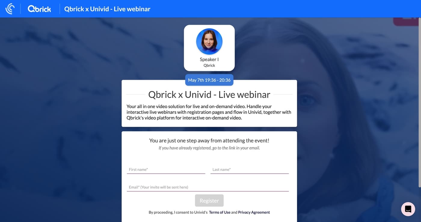 Qbrick är en ledande plattform för interaktiv video och videohantering. Koppla smidigt ihop Qbrick:s videoplattform med Univid:s webinarplattform. En Nordisk plattform för allt video.