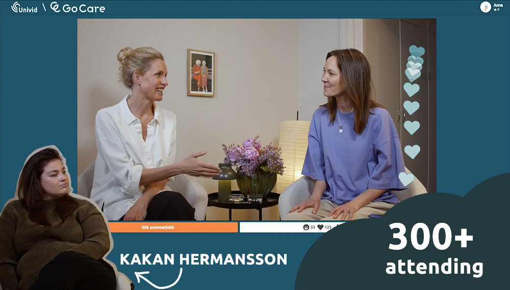 A webinar with Go Care with a simple and beautiful layout that merges with the studio - Kakan Hermansson and guest speakers from Epidemic Sound engage the 300+ job seekers participating