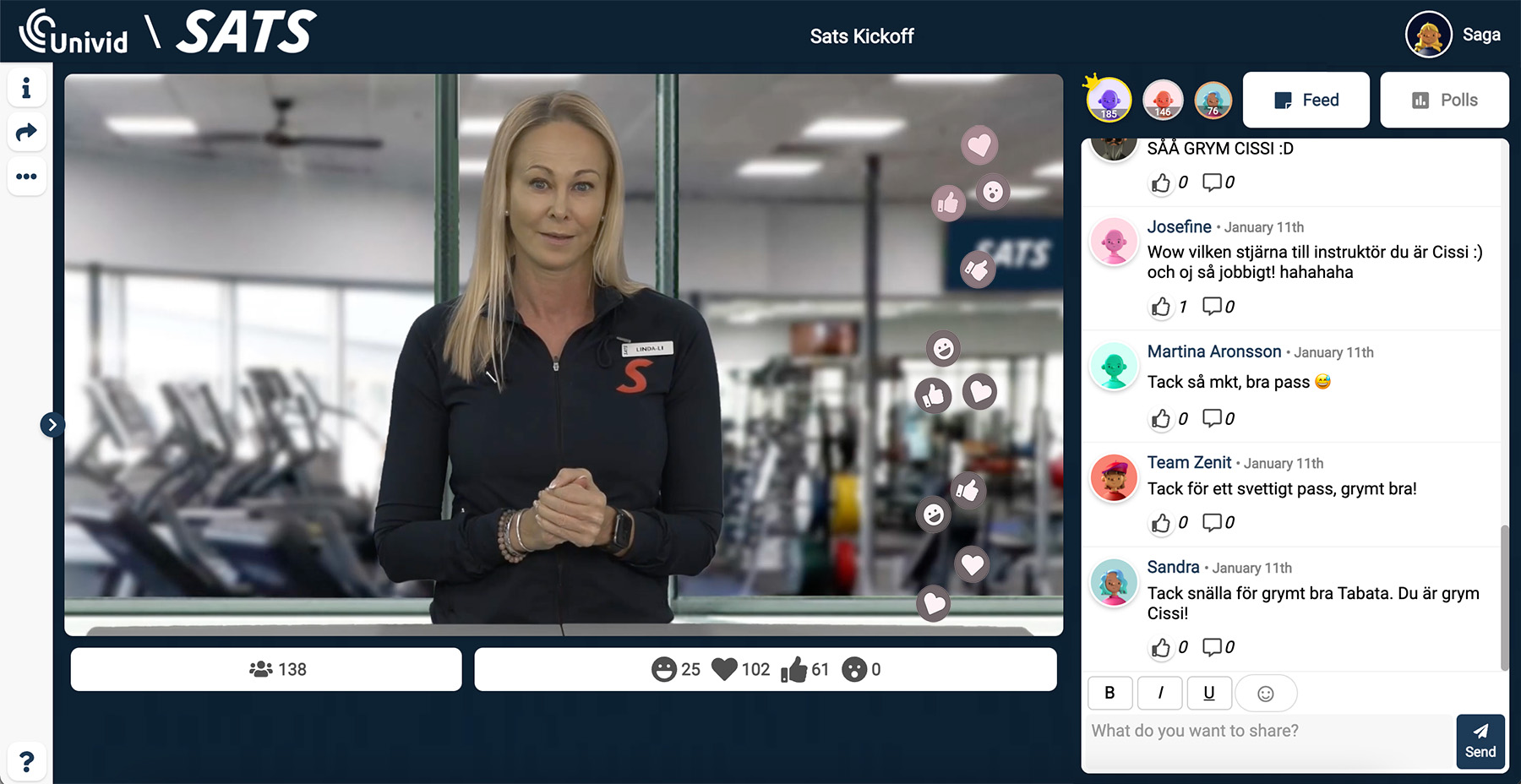 SATS kicks off the year in style on Univid, with an action-packed morning for hundreds of their awesome employees throughout Sweden. A fun and interactive digital event with live workouts, CEO speech, and a bunch of motivation!