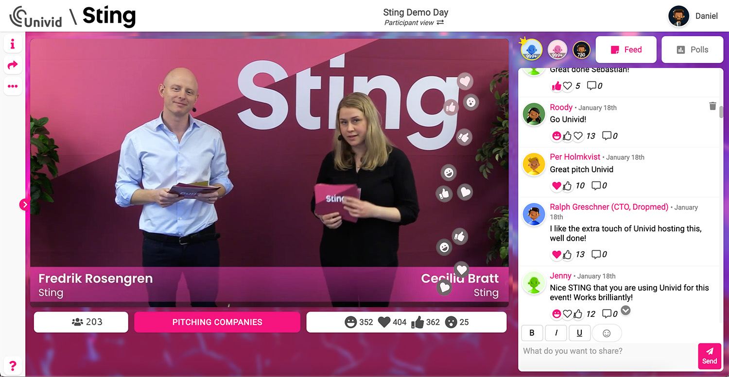 Sting Demo Day 2022 hölls i ett digitalt format, med omröstning för den bästa pitchen, massvis av reaktioner flödade i både chatt och video, och peppiga meddelanden som hyllade startups:en i chatten! Dessutom användes en helt ny funktion - Univids toolbox, för att skicka ut en explosion av konfetti i slutet.