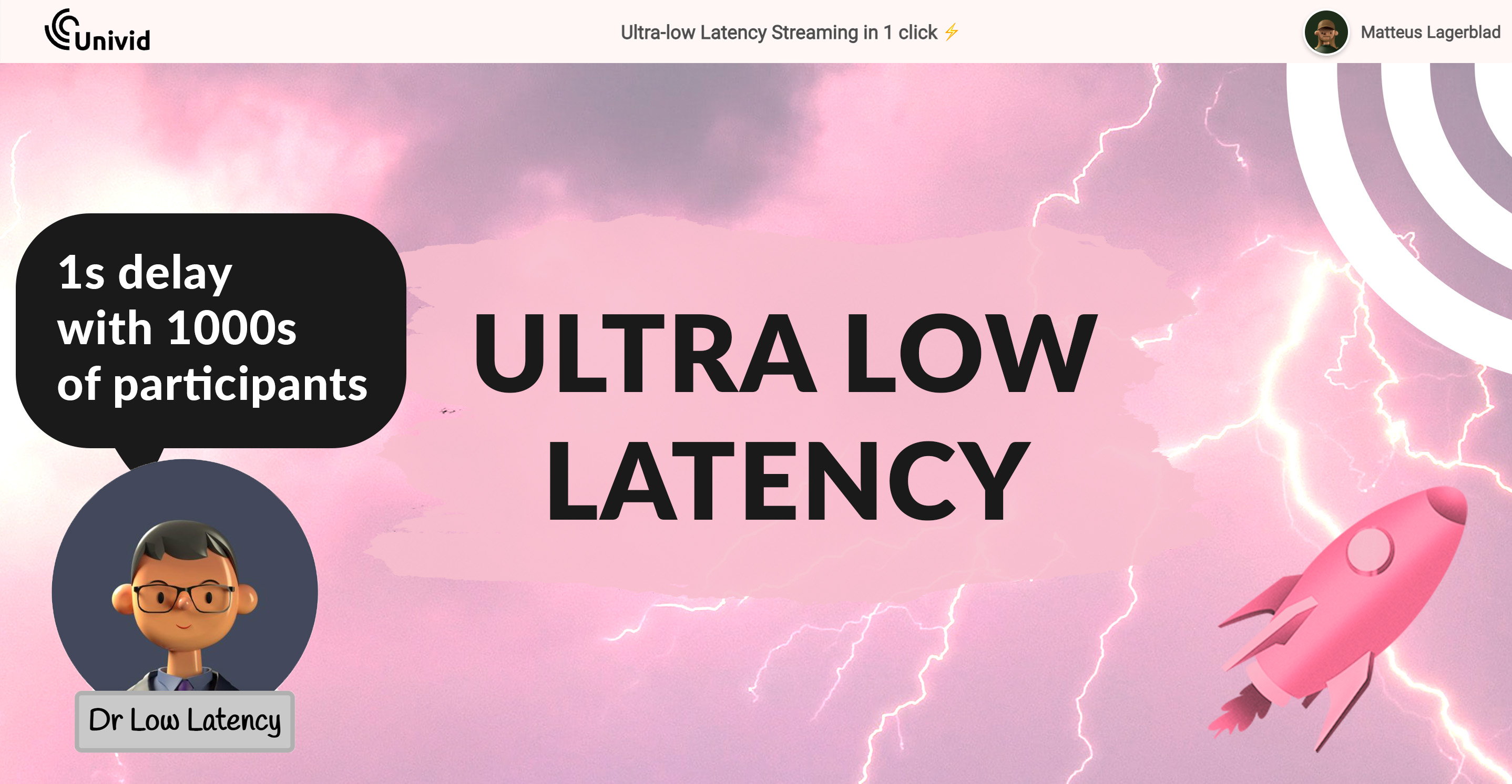 Large-scale live broadcasts to thousands of participants with a 1 second delay directly in the browser - does that sound too good to be true? With the ultra-low latency mode in Univid, it is now a push of a button away, in the same beautiful and interactive session as before. Perfect for livestreaming with interaction, hybrid broadcasts and other things that require lightning-fast delivery in high quality to many viewers.
